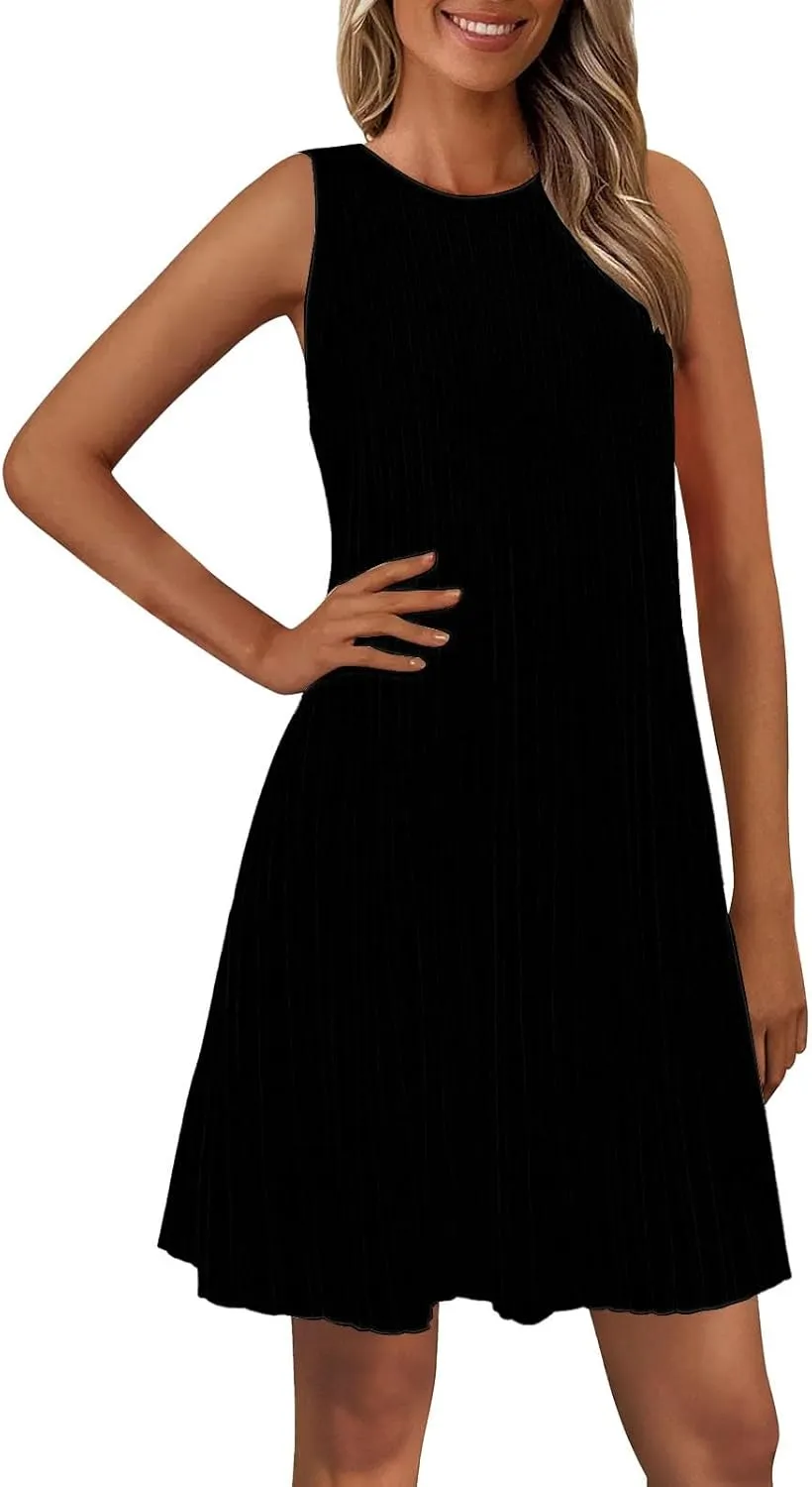 Womens Summer Sleeveless Mini Dress Crewneck Casual A Line Pleated Cover Ups Swing Tank Dresses