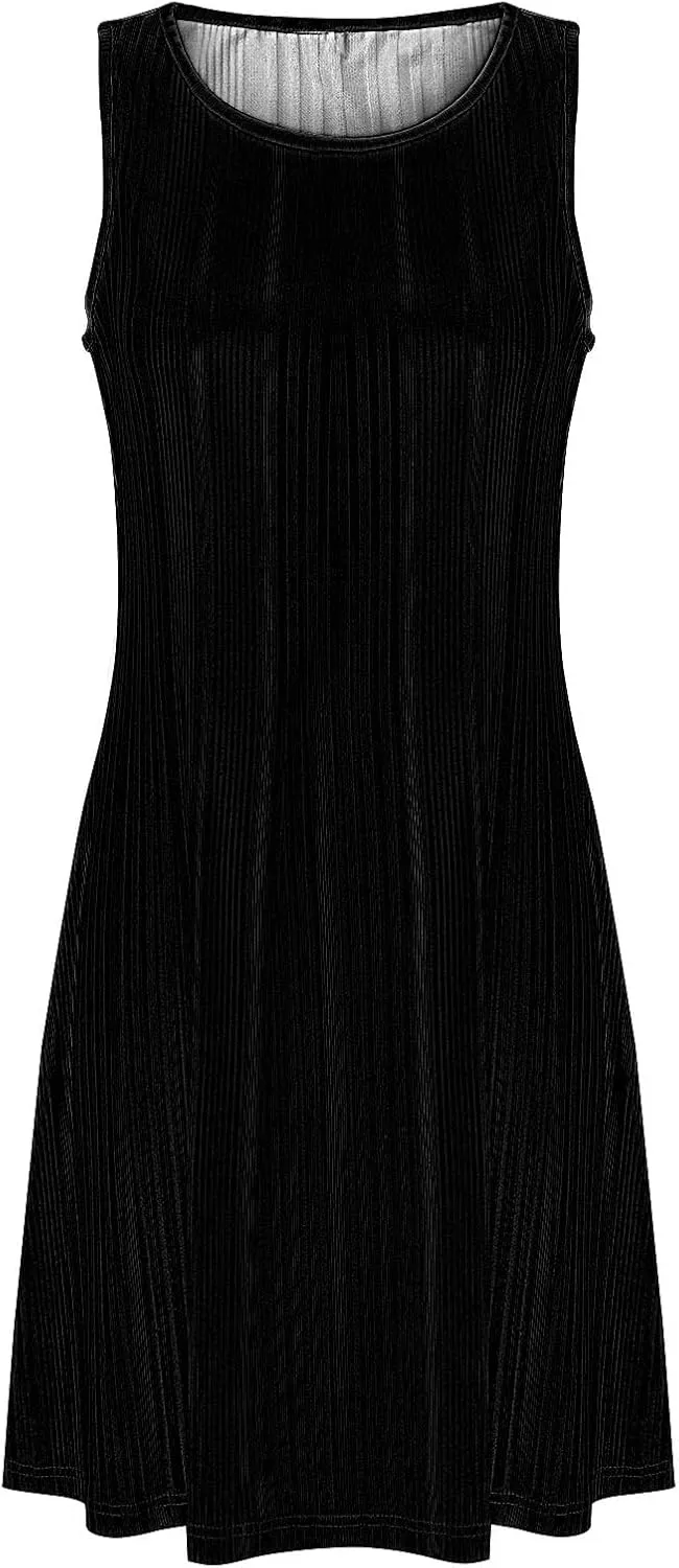 Womens Summer Sleeveless Mini Dress Crewneck Casual A Line Pleated Cover Ups Swing Tank Dresses
