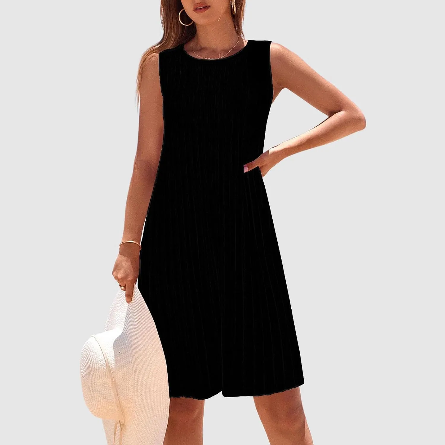 Womens Summer Sleeveless Mini Dress Crewneck Casual A Line Pleated Cover Ups Swing Tank Dresses