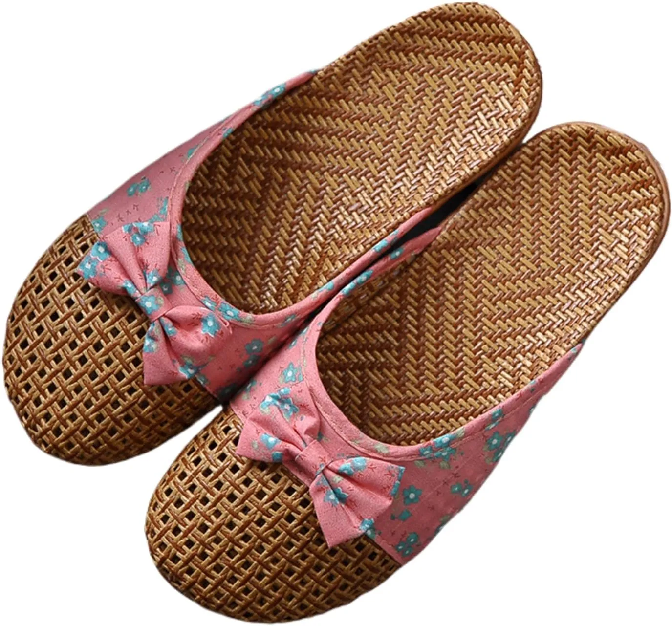 Womens Summer Slippers with Rubber Soles Memory Foam Closed Toe House Slippers Anti Slip Grass Mat Bamboo Sandals Indoor Breathable Outdoor Sandals