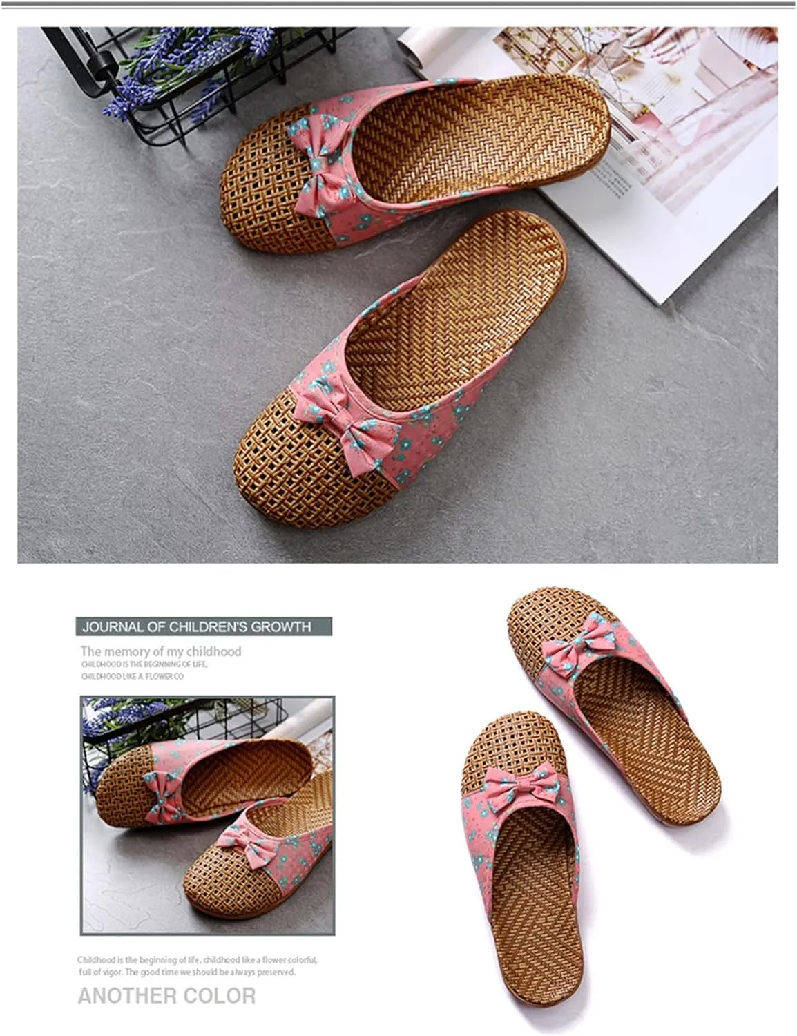 Womens Summer Slippers with Rubber Soles Memory Foam Closed Toe House Slippers Anti Slip Grass Mat Bamboo Sandals Indoor Breathable Outdoor Sandals