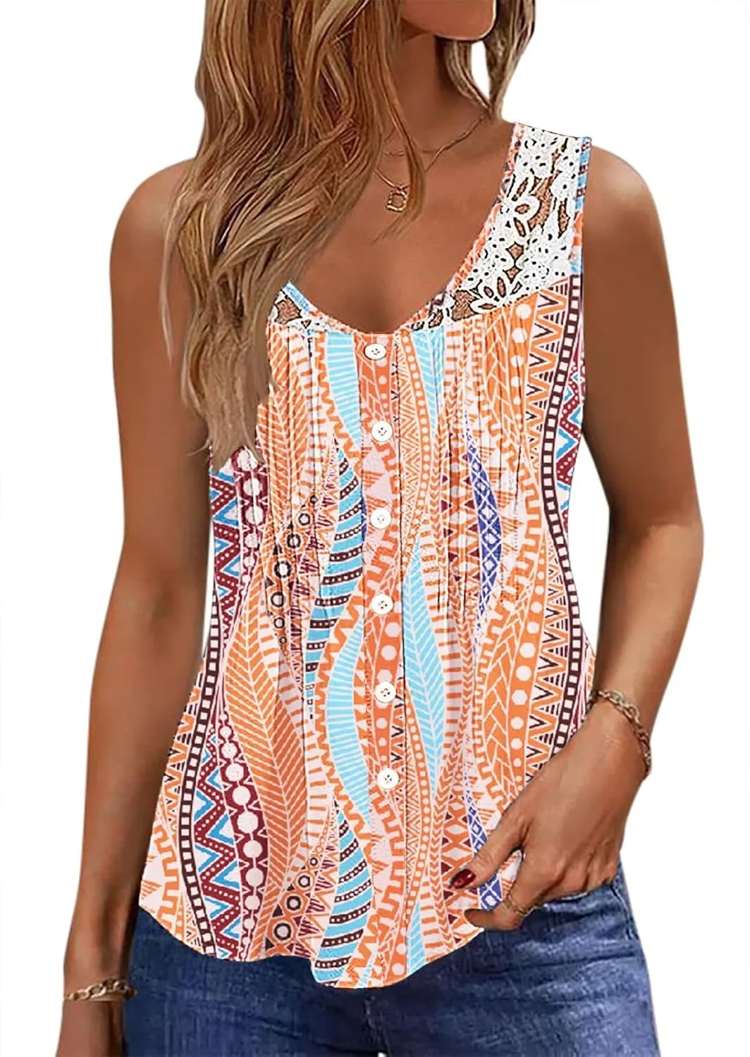 Womens Tank Tops Dressy Casual Summer Lace Sleeveless V Neck Tee Shirts Pleated Front Button Blouses
