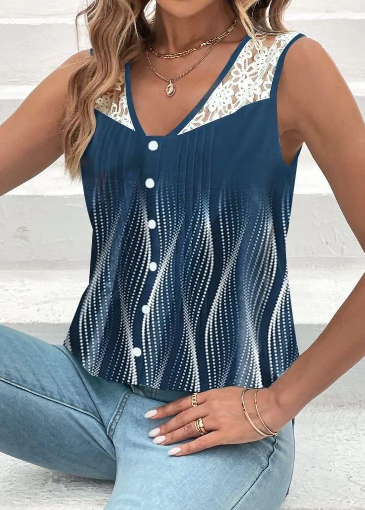 Womens Tank Tops Dressy Casual Summer Lace Sleeveless V Neck Tee Shirts Pleated Front Button Blouses