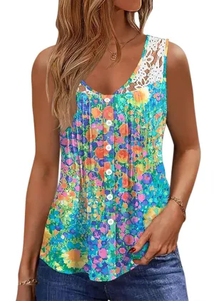 Womens Tank Tops Dressy Casual Summer Lace Sleeveless V Neck Tee Shirts Pleated Front Button Blouses