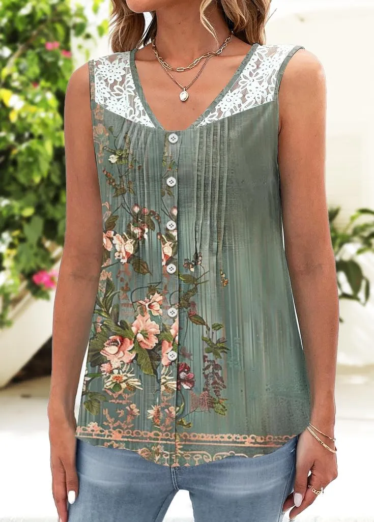 Womens Tank Tops Dressy Casual Summer Lace Sleeveless V Neck Tee Shirts Pleated Front Button Blouses