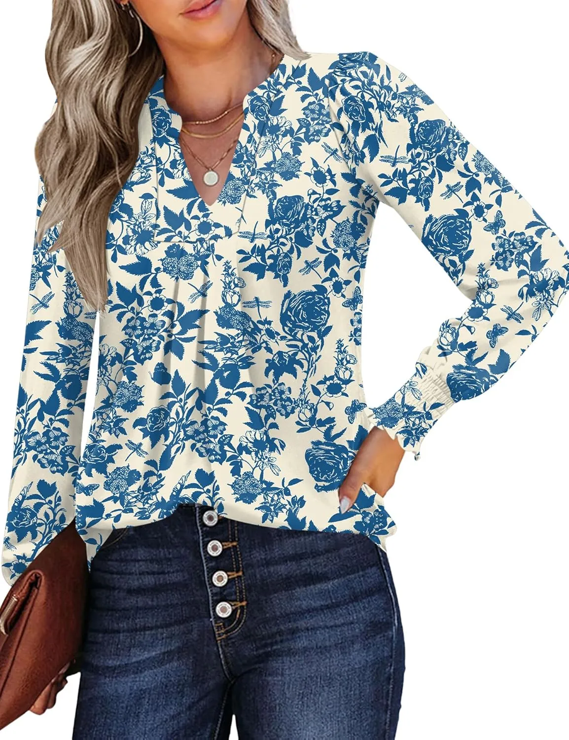 Womens V Neck Long Sleeve Blouses Tops 2024 Fall Fashion Ruffle Cuffs Dressy Casual T-Shirts