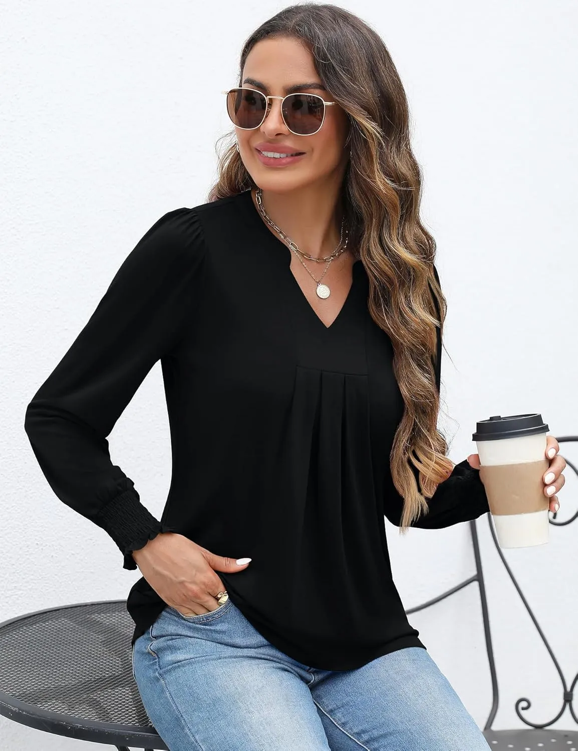 Womens V Neck Long Sleeve Blouses Tops 2024 Fall Fashion Ruffle Cuffs Dressy Casual T-Shirts