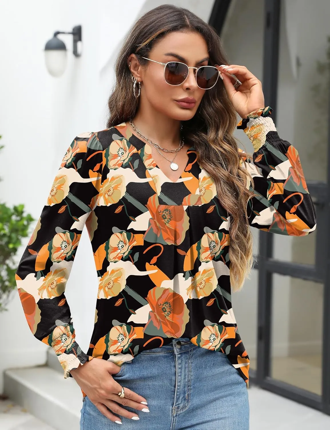 Womens V Neck Long Sleeve Blouses Tops 2024 Fall Fashion Ruffle Cuffs Dressy Casual T-Shirts