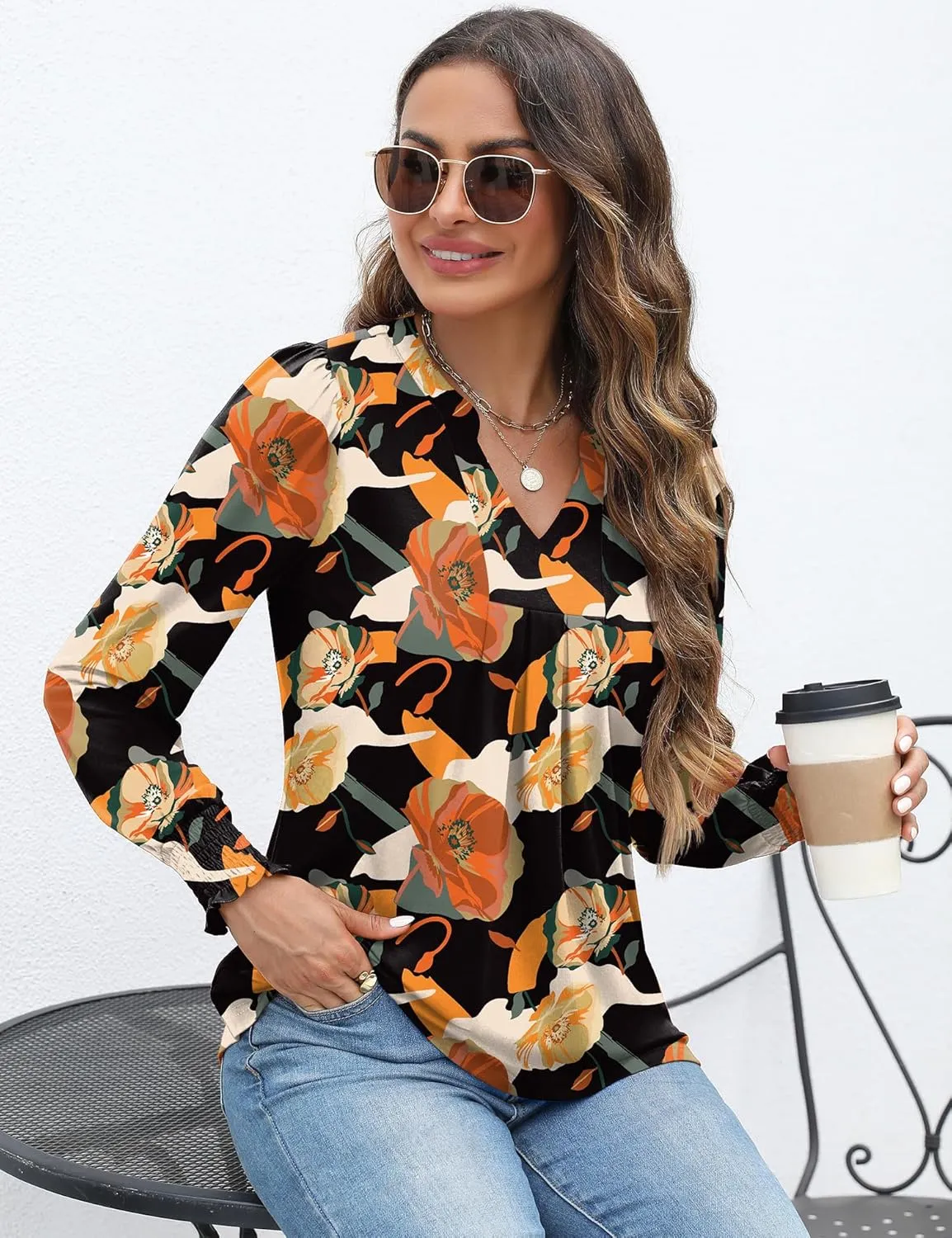 Womens V Neck Long Sleeve Blouses Tops 2024 Fall Fashion Ruffle Cuffs Dressy Casual T-Shirts