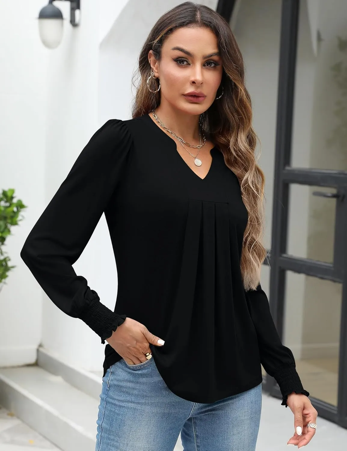 Womens V Neck Long Sleeve Blouses Tops 2024 Fall Fashion Ruffle Cuffs Dressy Casual T-Shirts