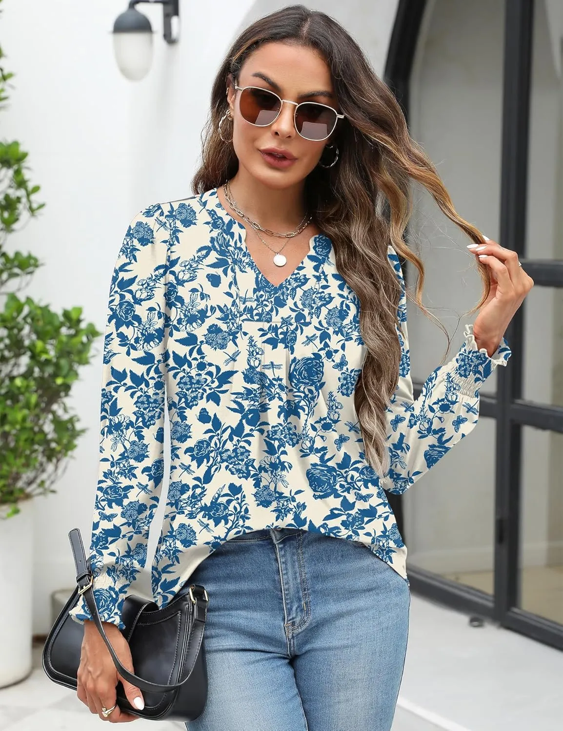 Womens V Neck Long Sleeve Blouses Tops 2024 Fall Fashion Ruffle Cuffs Dressy Casual T-Shirts