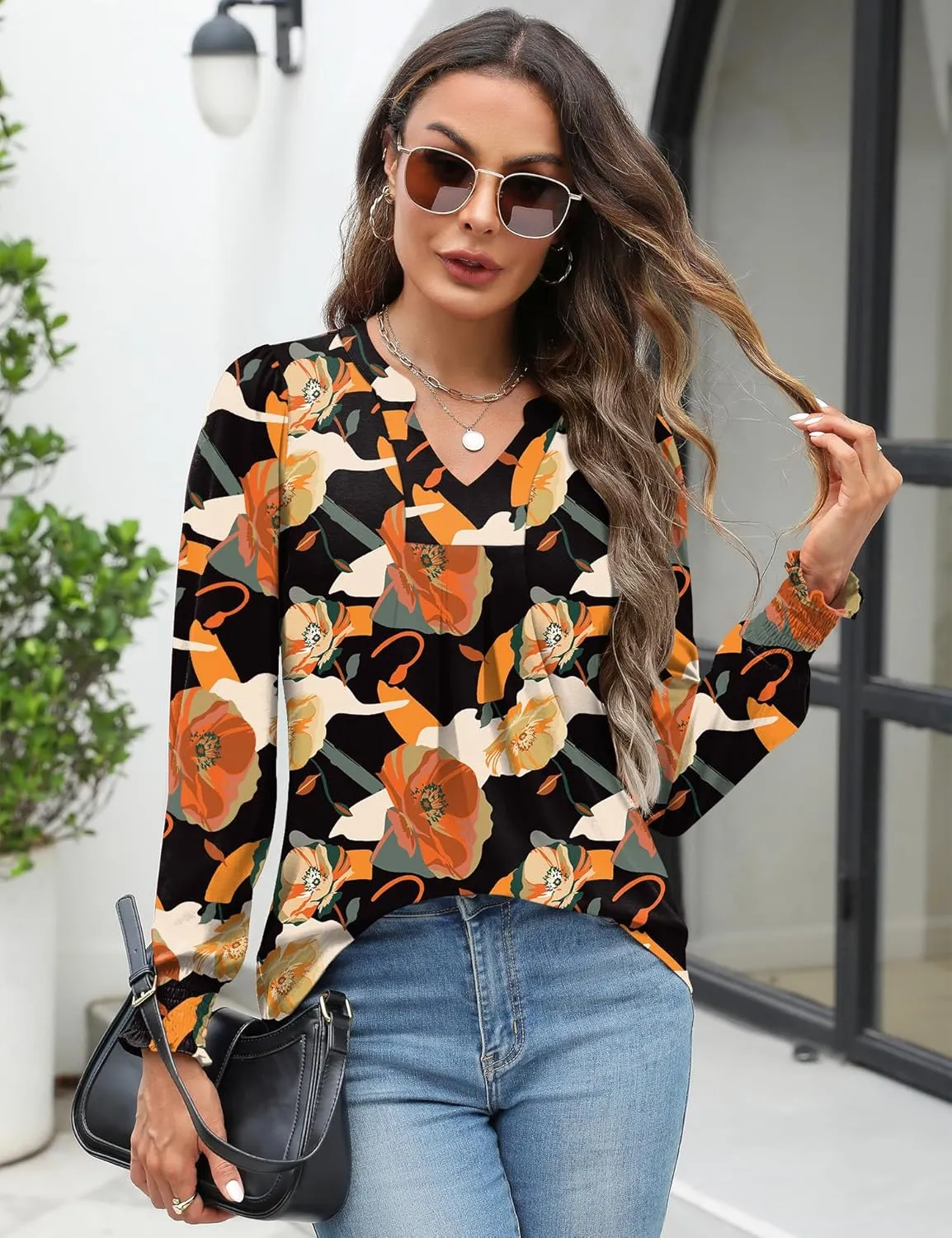 Womens V Neck Long Sleeve Blouses Tops 2024 Fall Fashion Ruffle Cuffs Dressy Casual T-Shirts