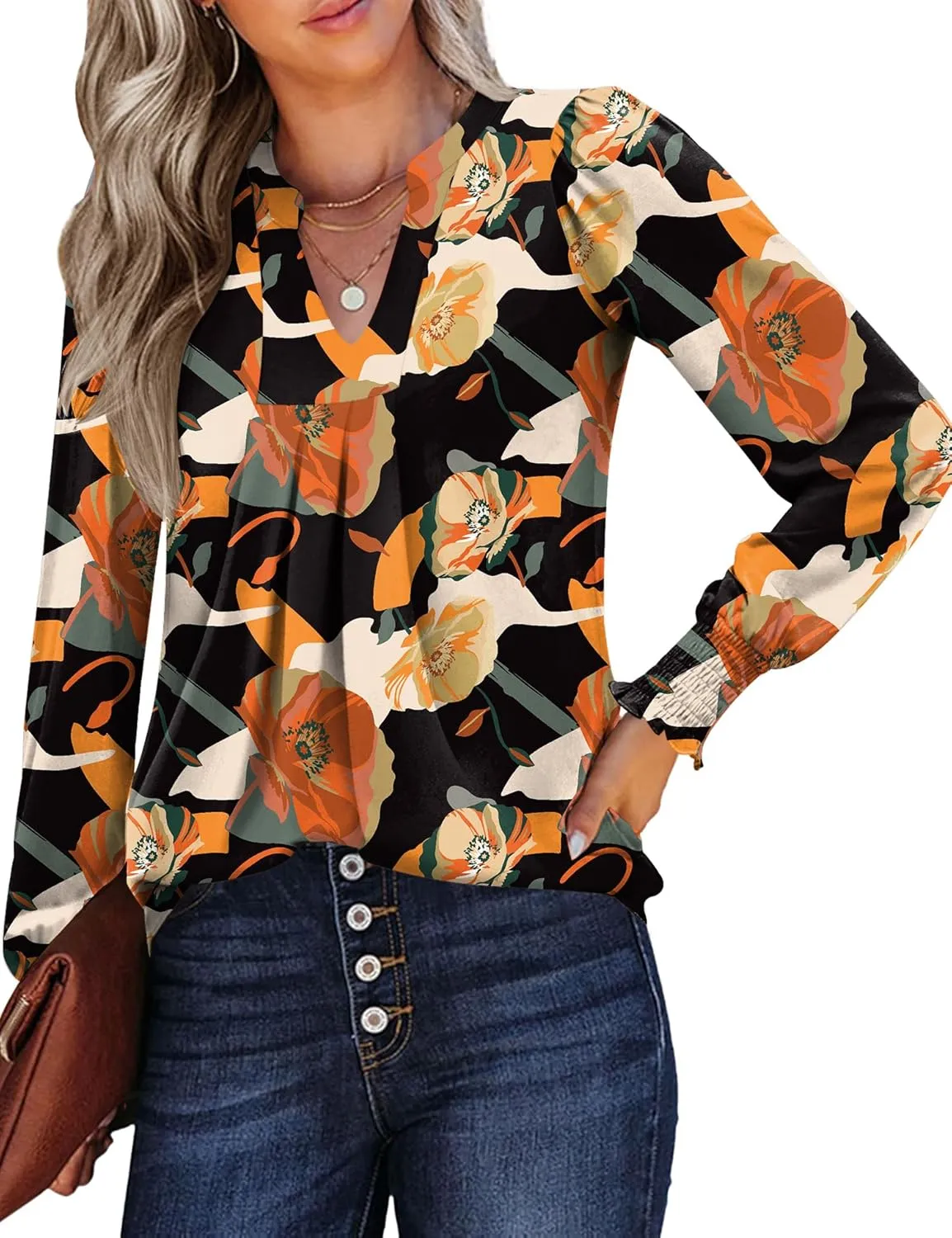 Womens V Neck Long Sleeve Blouses Tops 2024 Fall Fashion Ruffle Cuffs Dressy Casual T-Shirts