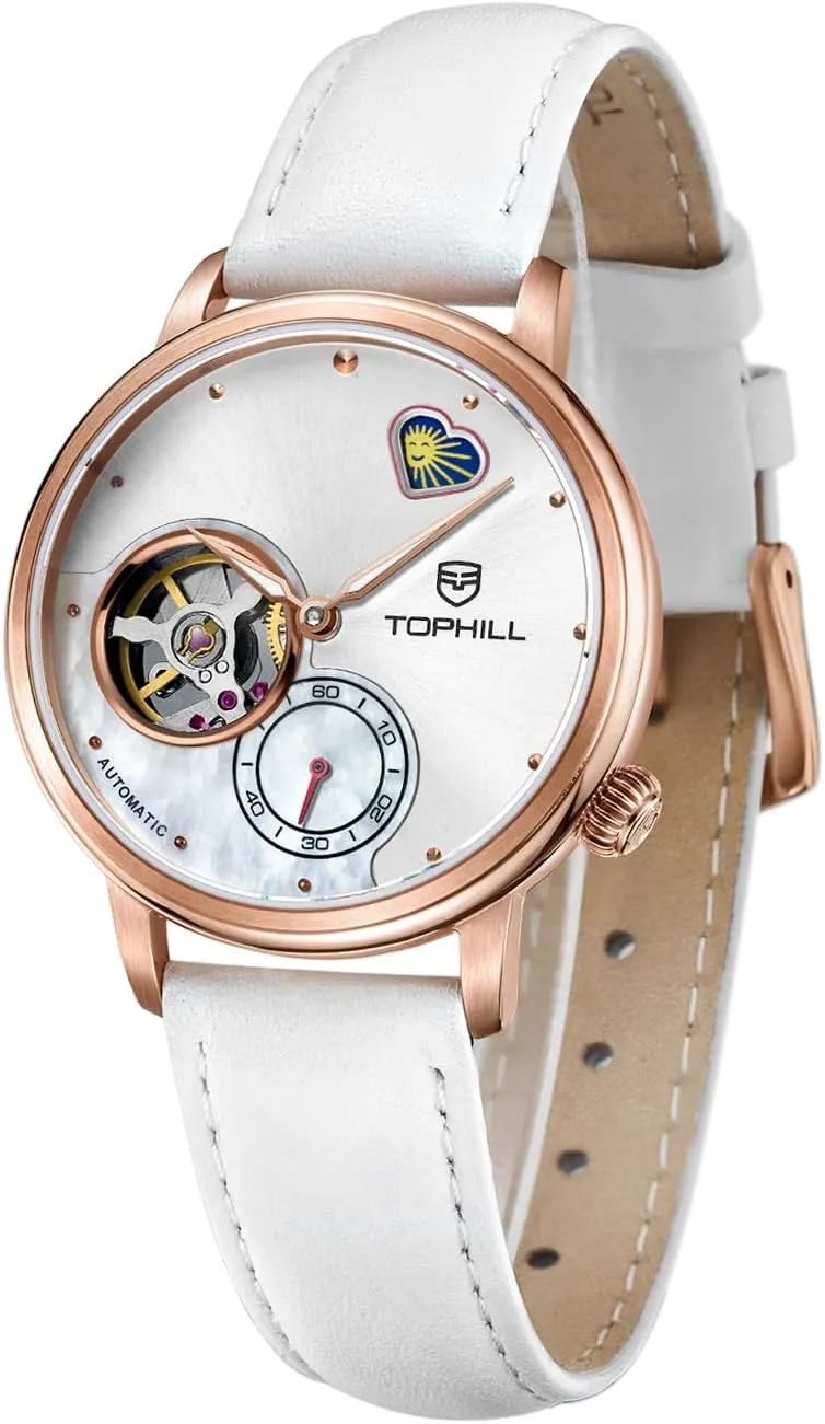 Womens Watch Automatic,Elegant Leather Watch,Sapphire Crystal,Day& Night Display,Skeleton Mechanical Ladies Watches, Casual Dress Watches for Women