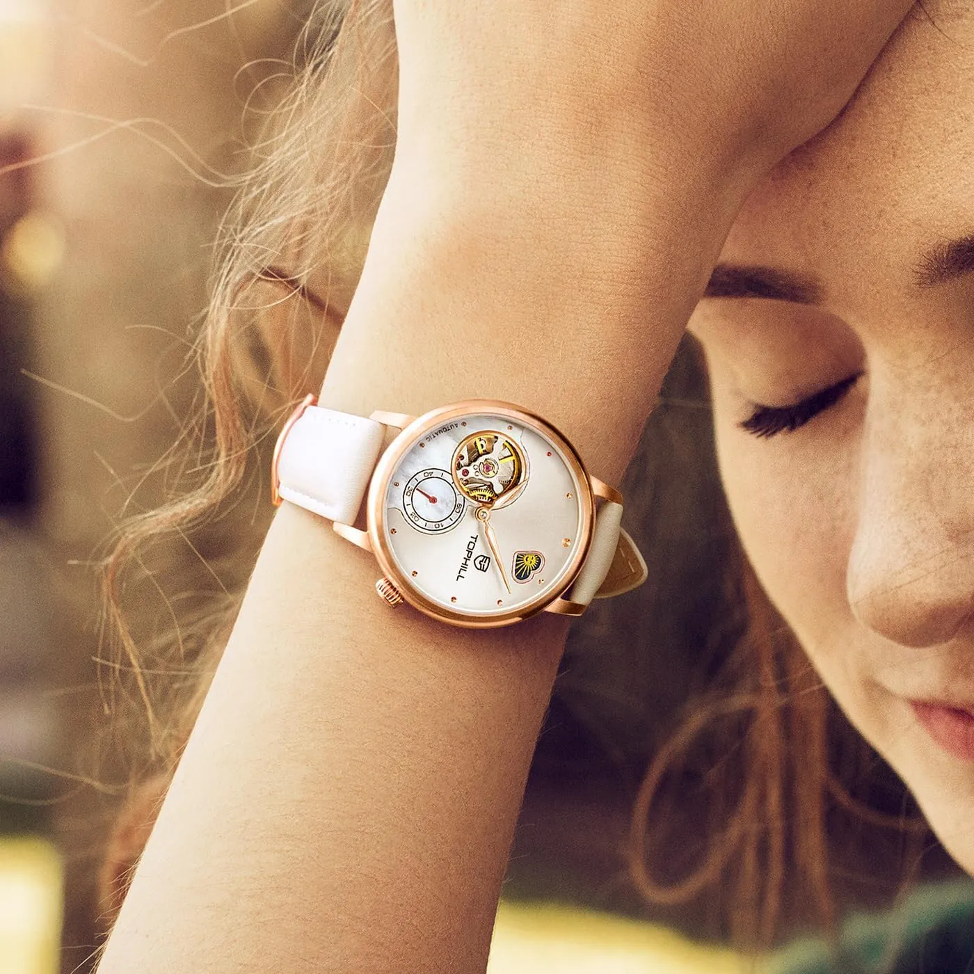 Womens Watch Automatic,Elegant Leather Watch,Sapphire Crystal,Day& Night Display,Skeleton Mechanical Ladies Watches, Casual Dress Watches for Women