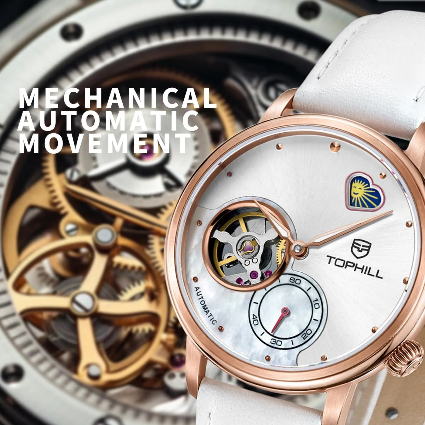 Womens Watch Automatic,Elegant Leather Watch,Sapphire Crystal,Day& Night Display,Skeleton Mechanical Ladies Watches, Casual Dress Watches for Women