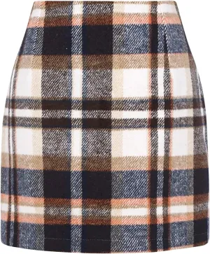 Womens Wool Plaid Mini Skirt Fall Winter High Waisted Bodycon Pencil Skirt Outfits for Women