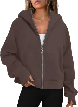 Womens Zip Up Hoodies Fleece Jackets Oversized Sweatshirts Full Zipper Long Sleeve Coats Thumb Hole Pullover Pockets