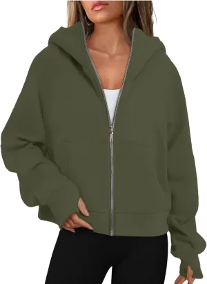 Womens Zip Up Hoodies Fleece Jackets Oversized Sweatshirts Full Zipper Long Sleeve Coats Thumb Hole Pullover Pockets