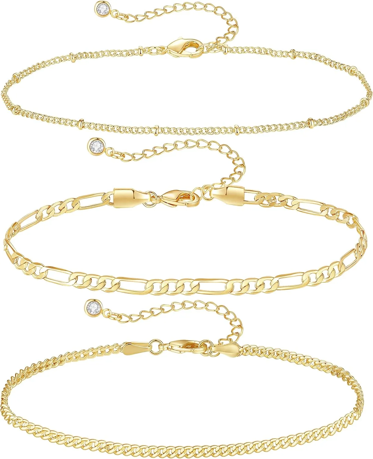 XIANNVXI Gold Anklets for Women 3Pcs Anklet Jewelry Waterproof 14K Gold Ankle Stack Anklet for Women Waterproof Gold Summer Bracelets Non Tarnish Cuban Link Anklets