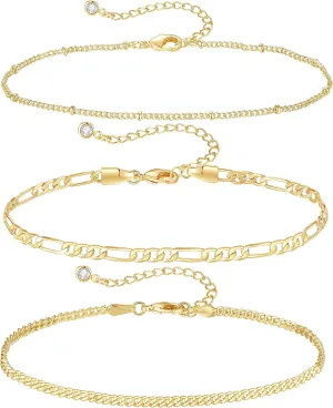 XIANNVXI Gold Anklets for Women 3Pcs Anklet Jewelry Waterproof 14K Gold Ankle Stack Anklet for Women Waterproof Gold Summer Bracelets Non Tarnish Cuban Link Anklets