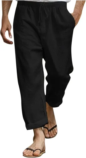 Xiaojmake Capirs Linen Pants Men Relaxed Fit Elastic Waist Cropped Pant with Pockets Beach Yoga Travel Lounge Trousers Summer