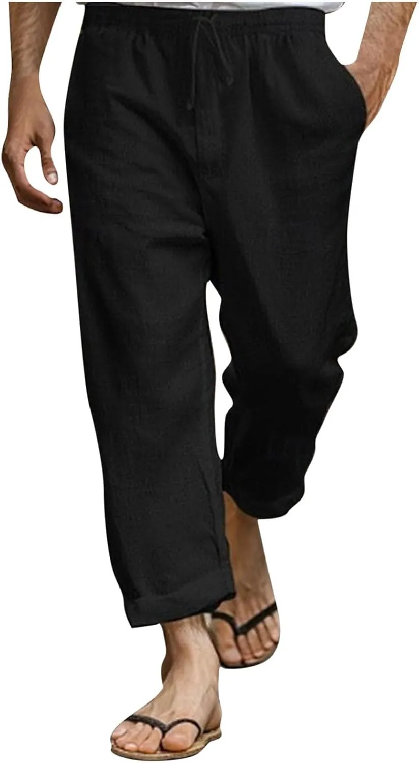 Xiaojmake Capirs Linen Pants Men Relaxed Fit Elastic Waist Cropped Pant with Pockets Beach Yoga Travel Lounge Trousers Summer