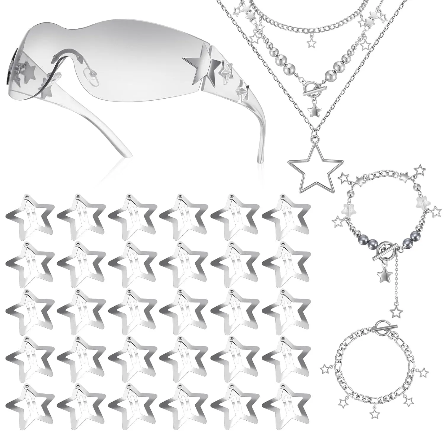Y2k Accessories Set Included Star Y2k Silver Necklace Grunge Layered Necklace Y2K Sunglasses Star Hair Clip Y2k Silver Hair Clips Vintage Jewelry Set for Women