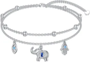 YAFEINI Sterling Silver Elephant Anklet with Hamsa Hand and Evil Eye Design for Women