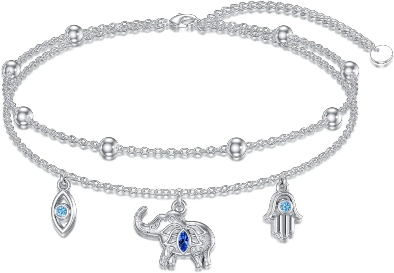 YAFEINI Sterling Silver Elephant Anklet with Hamsa Hand and Evil Eye Design for Women