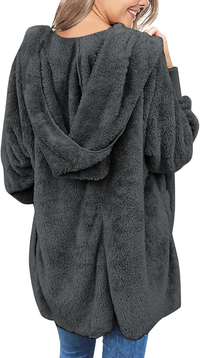 Yanekop Womens Fuzzy Fleece Jacket Open Front Hooded Cardigan Sherpa Outerwear Warm Coats with Pockets