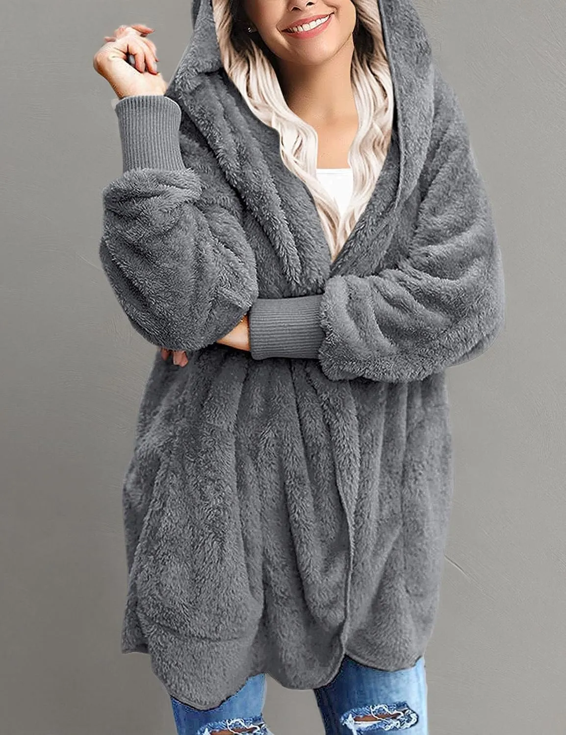 Yanekop Womens Fuzzy Fleece Jacket Open Front Hooded Cardigan Sherpa Outerwear Warm Coats with Pockets