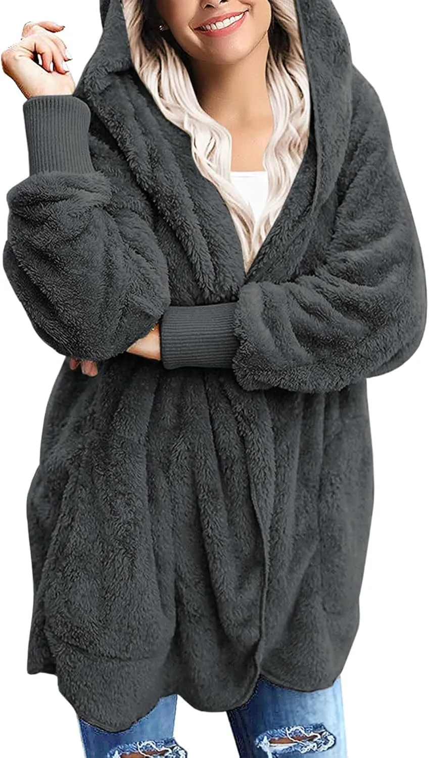 Yanekop Womens Fuzzy Fleece Jacket Open Front Hooded Cardigan Sherpa Outerwear Warm Coats with Pockets