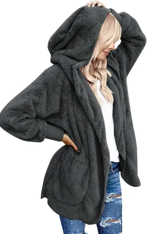Yanekop Womens Fuzzy Fleece Jacket Open Front Hooded Cardigan Sherpa Outerwear Warm Coats with Pockets