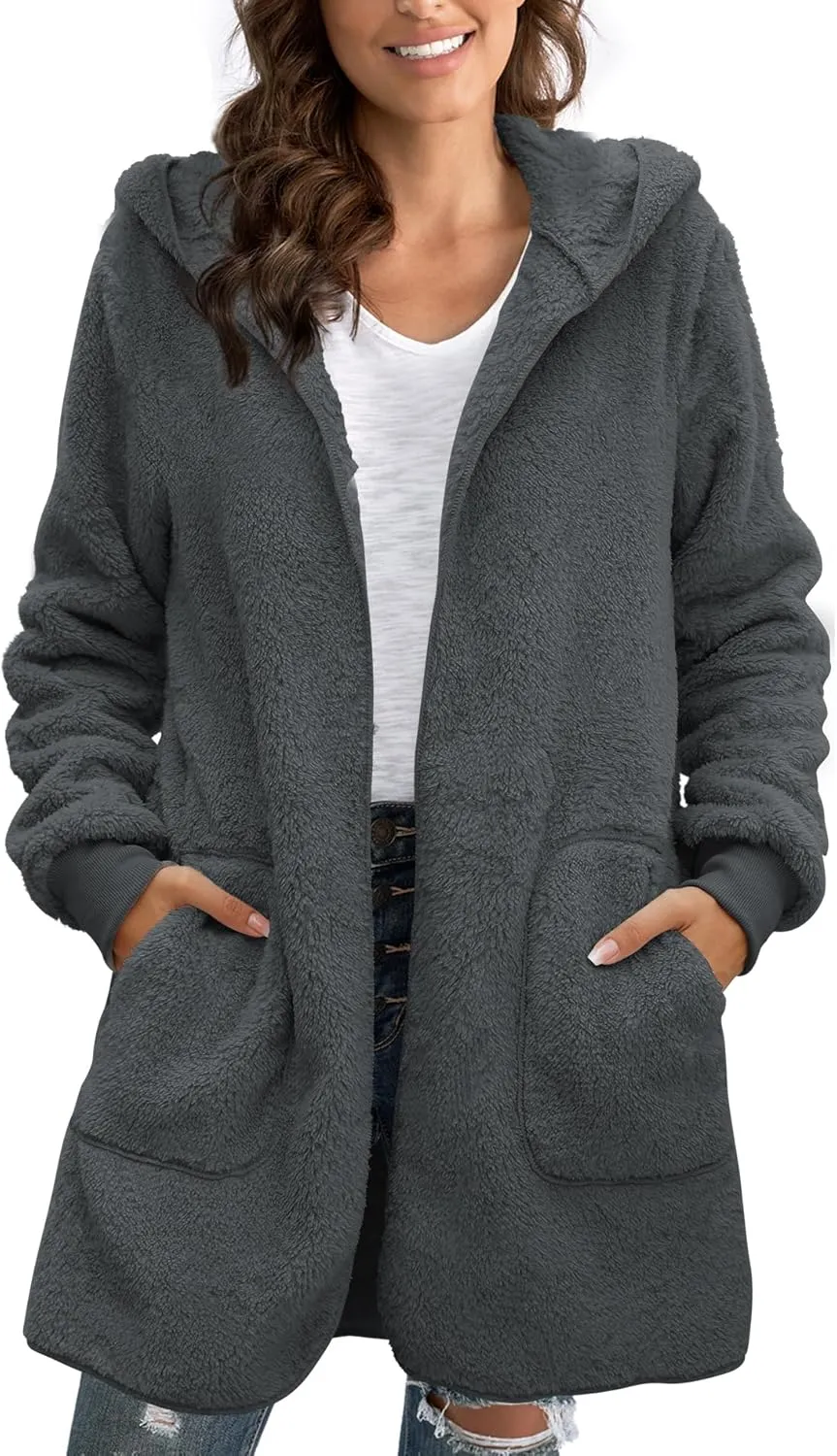 Yanekop Womens Fuzzy Fleece Jacket Open Front Hooded Cardigan Sherpa Outerwear Warm Coats with Pockets