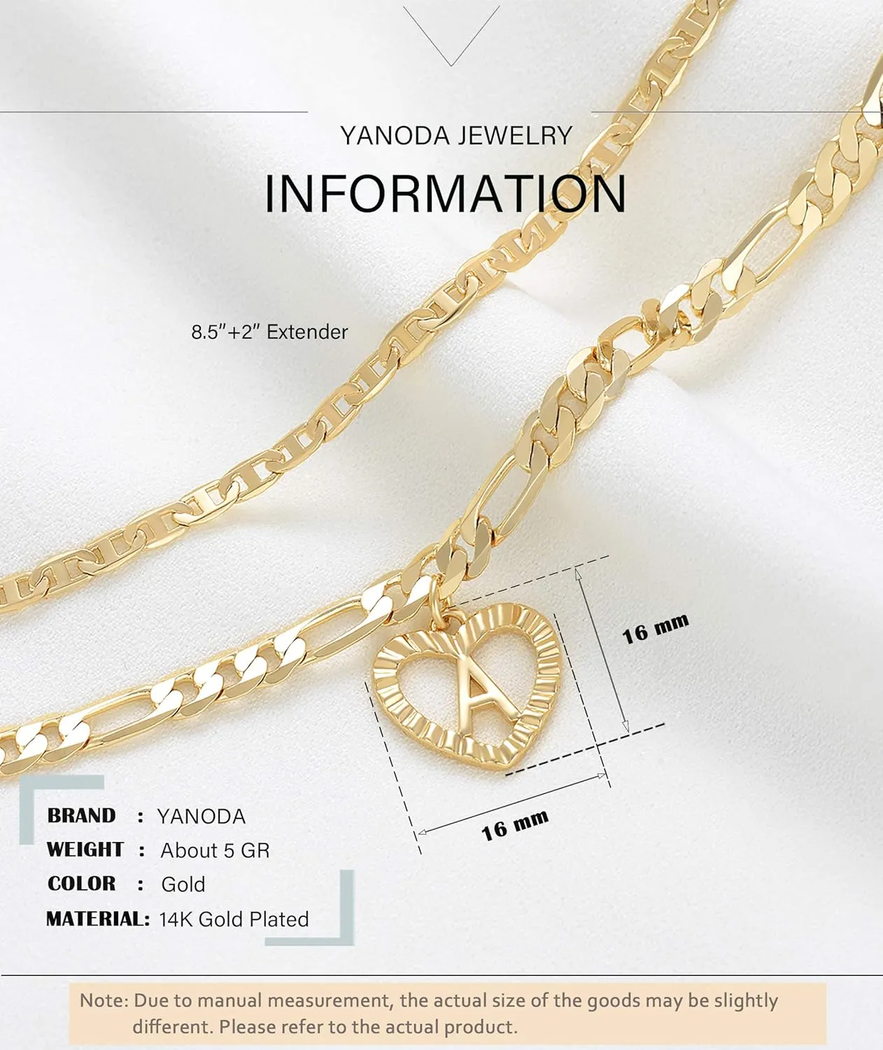 YANODA Initial Ankle Bracelets for Women 14K Gold Plated Layered Figaro Chain Letter Initial Anklets Handmade Layered Heart Ankle Bracelets Personalized Jewelry for Women