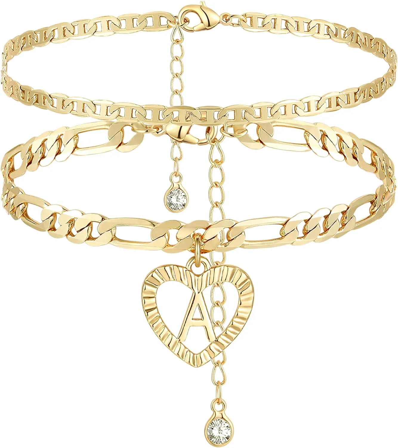 YANODA Initial Ankle Bracelets for Women 14K Gold Plated Layered Figaro Chain Letter Initial Anklets Handmade Layered Heart Ankle Bracelets Personalized Jewelry for Women