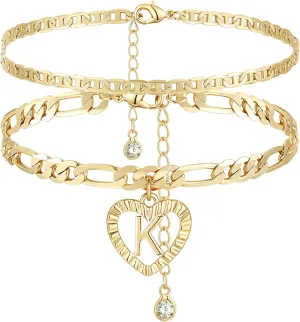 YANODA Initial Ankle Bracelets for Women 14K Gold Plated Layered Figaro Chain Letter Initial Anklets Handmade Layered Heart Ankle Bracelets Personalized Jewelry for Women