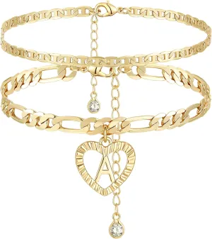 YANODA Initial Ankle Bracelets for Women 14K Gold Plated Layered Figaro Chain Letter Initial Anklets Handmade Layered Heart Ankle Bracelets Personalized Jewelry for Women