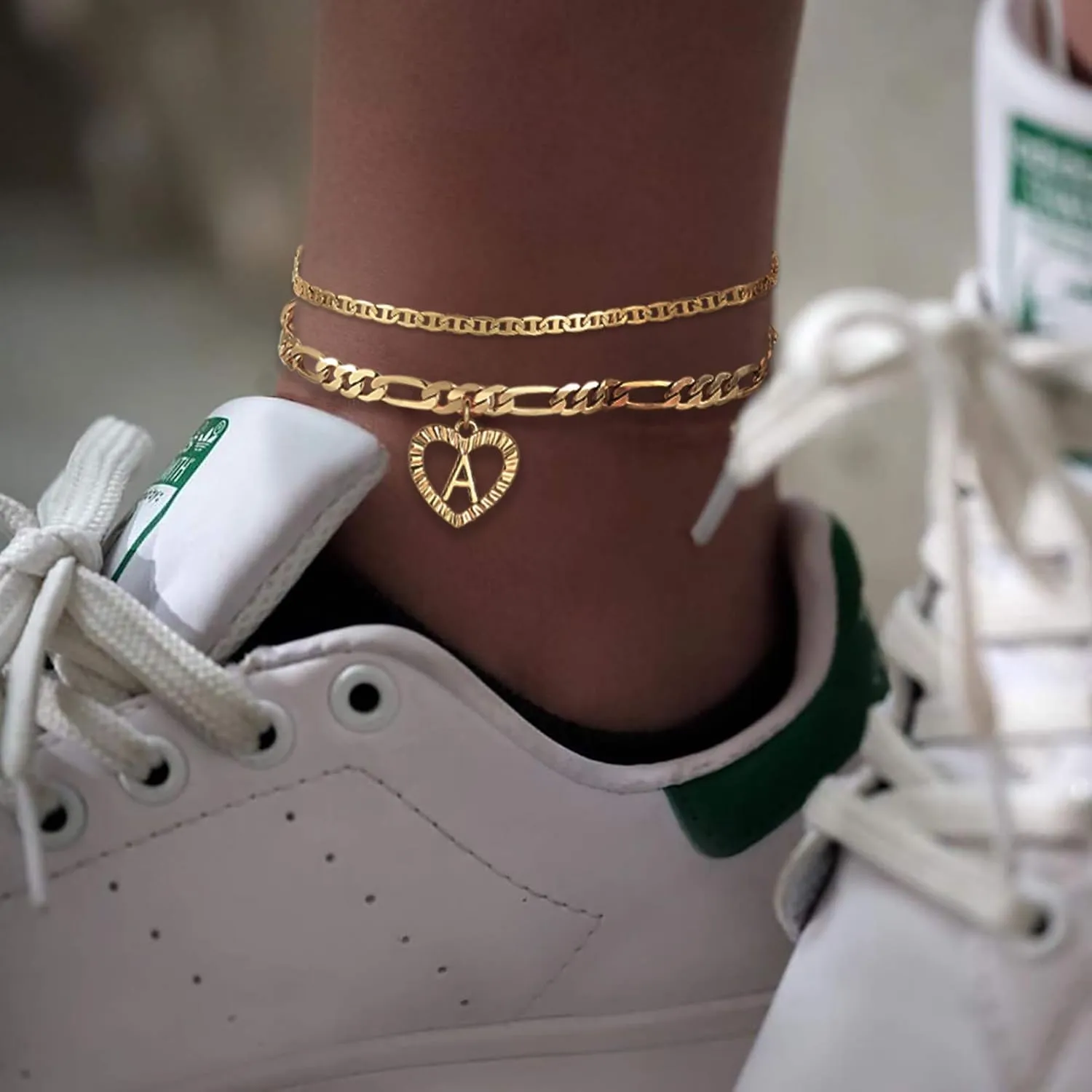 YANODA Initial Ankle Bracelets for Women 14K Gold Plated Layered Figaro Chain Letter Initial Anklets Handmade Layered Heart Ankle Bracelets Personalized Jewelry for Women