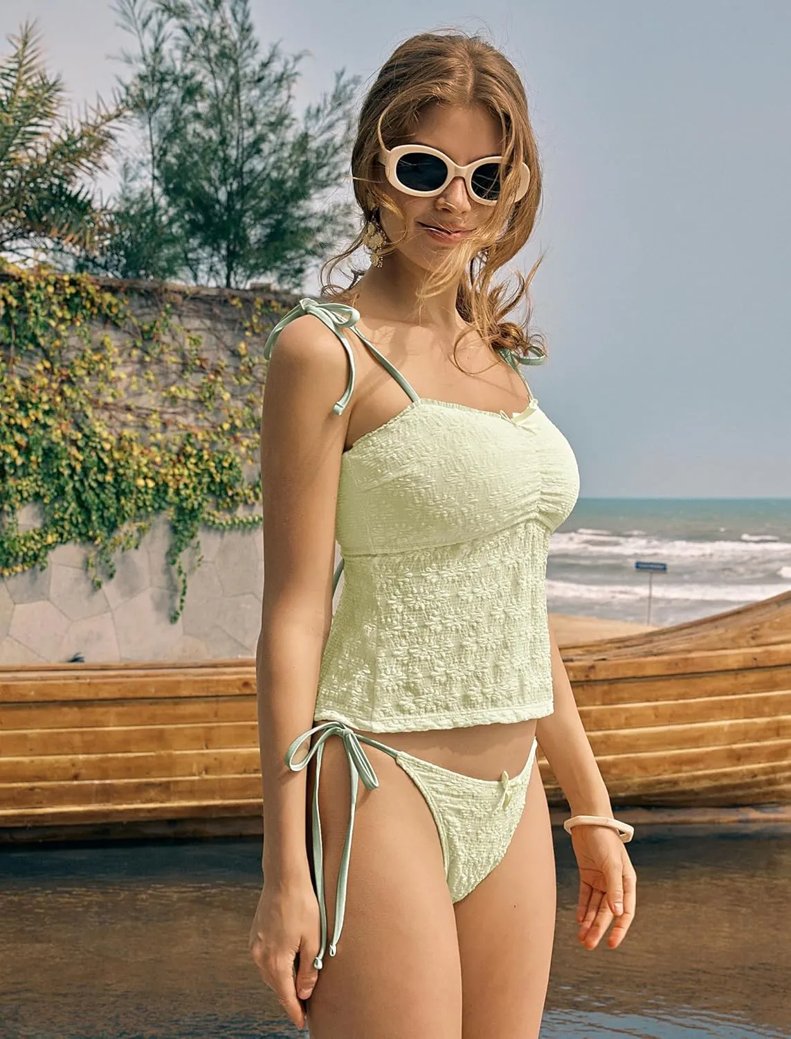 ZAFUL 2025 Tankini Swimsuits for Women Mesh Hollow-Out Tank Style Bow Knotted Decor Tie Side High Cut Tankini Set