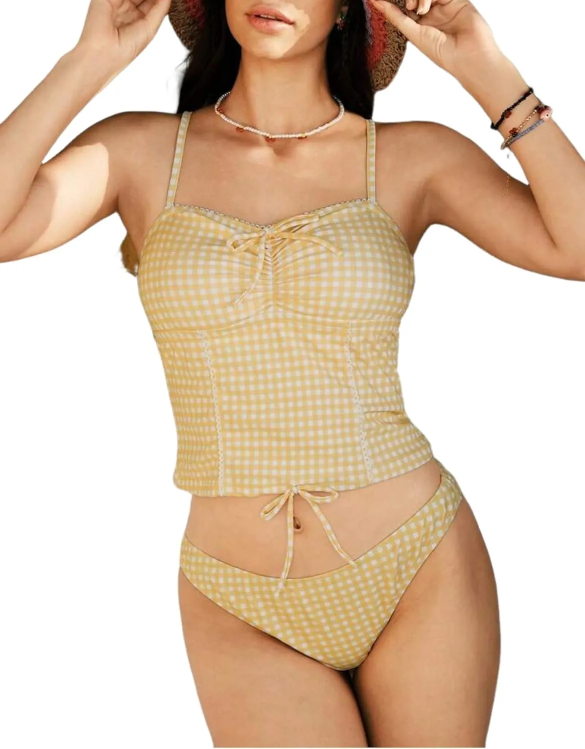 ZAFUL 2025 Tankini Swimsuits for Women Mesh Hollow-Out Tank Style Bow Knotted Decor Tie Side High Cut Tankini Set
