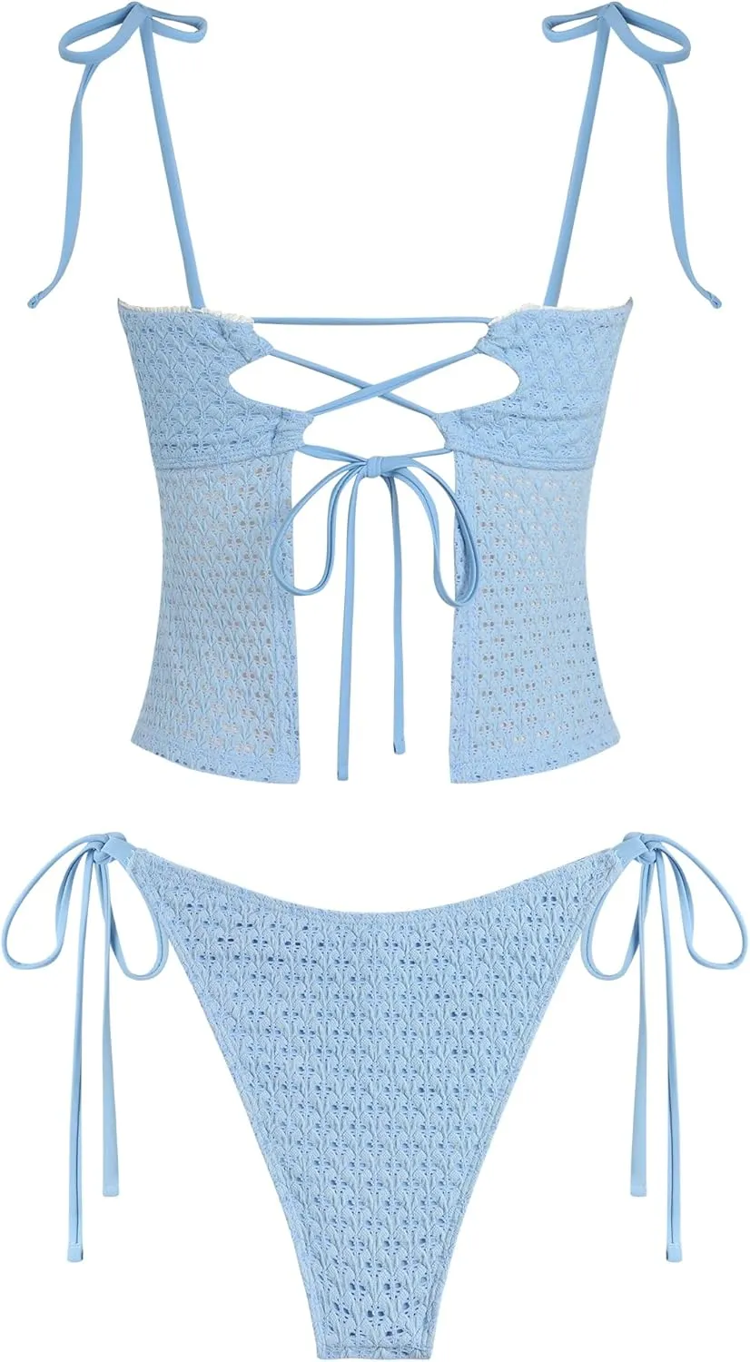 ZAFUL 2025 Tankini Swimsuits for Women Mesh Hollow-Out Tank Style Bow Knotted Decor Tie Side High Cut Tankini Set