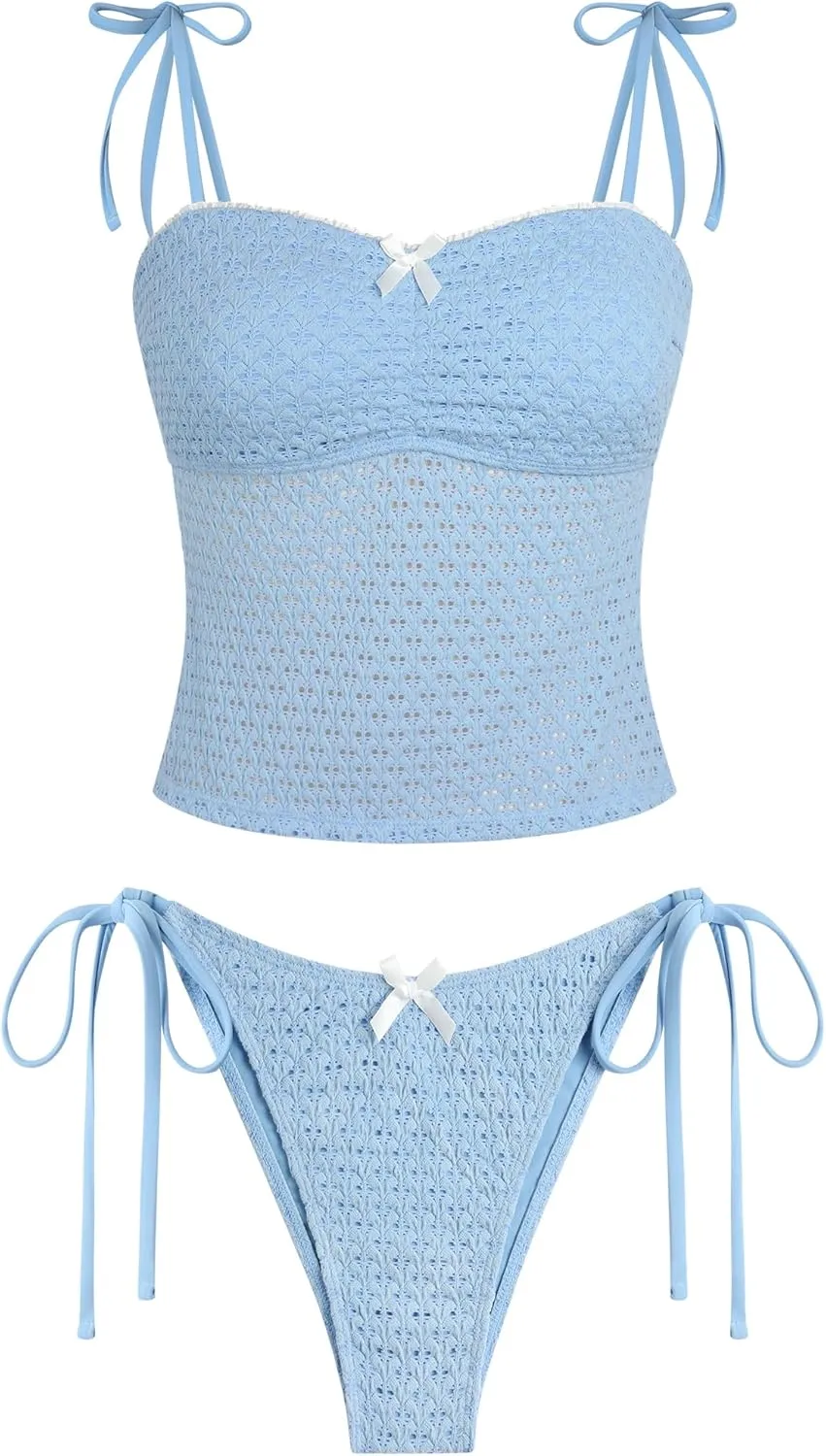 ZAFUL 2025 Tankini Swimsuits for Women Mesh Hollow-Out Tank Style Bow Knotted Decor Tie Side High Cut Tankini Set