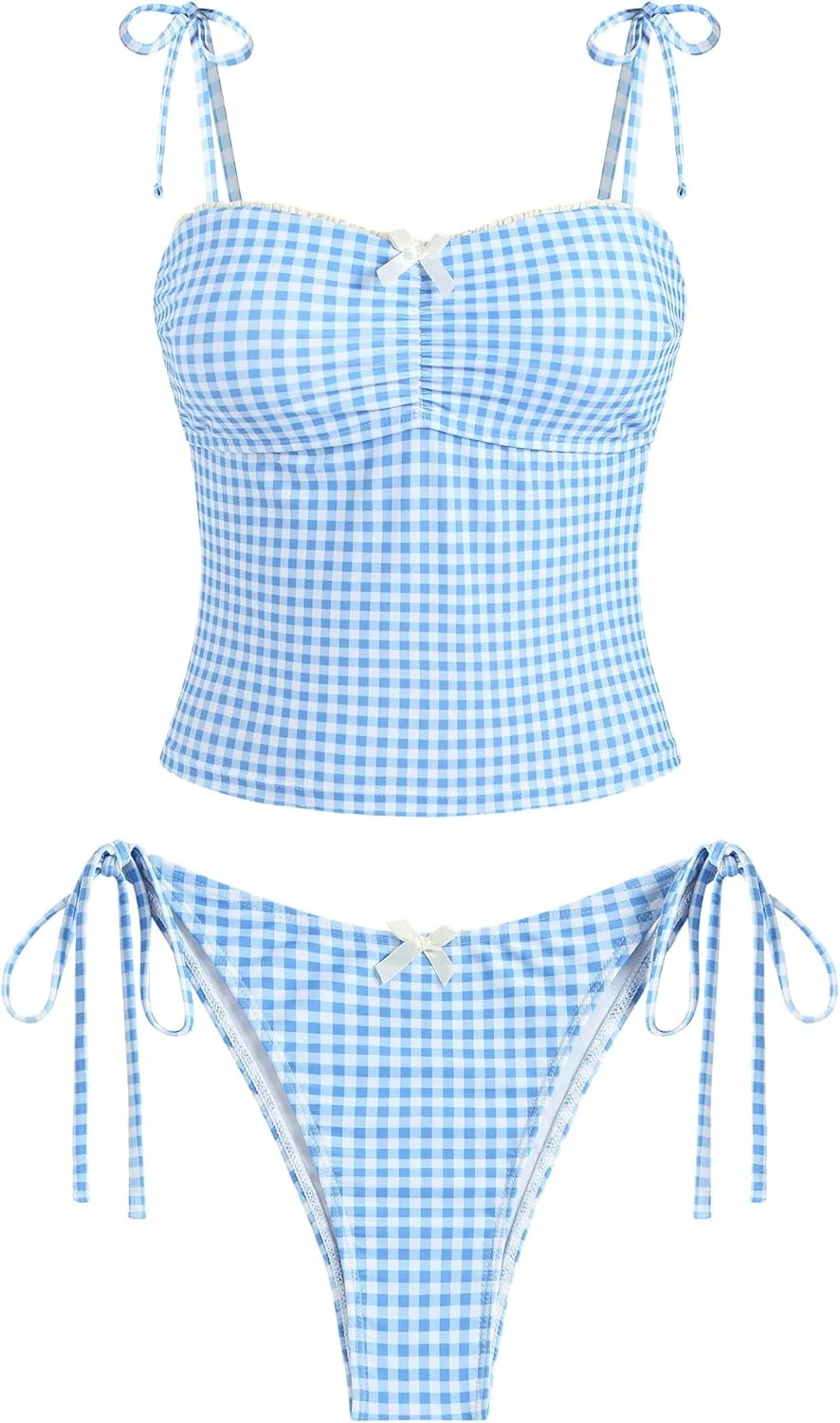 ZAFUL 2025 Tankini Swimsuits for Women Mesh Hollow-Out Tank Style Bow Knotted Decor Tie Side High Cut Tankini Set