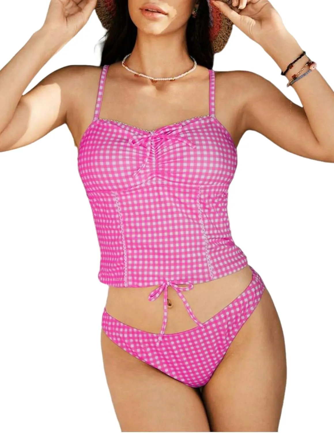 ZAFUL 2025 Tankini Swimsuits for Women Mesh Hollow-Out Tank Style Bow Knotted Decor Tie Side High Cut Tankini Set
