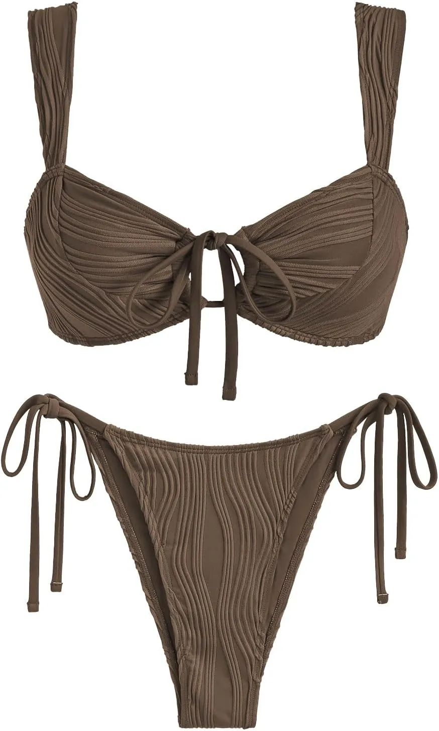 ZAFUL Women's Cinched Bikini Solid Color Wave Textured Knotted Tied Side Two Piece Swimsuit Bathing Suits