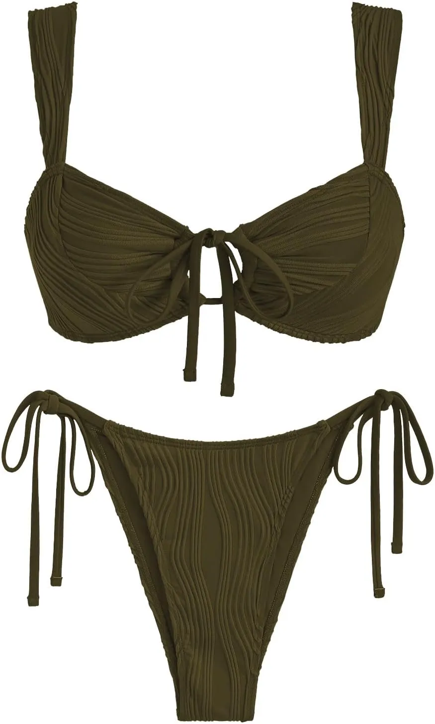 ZAFUL Women's Cinched Bikini Solid Color Wave Textured Knotted Tied Side Two Piece Swimsuit Bathing Suits