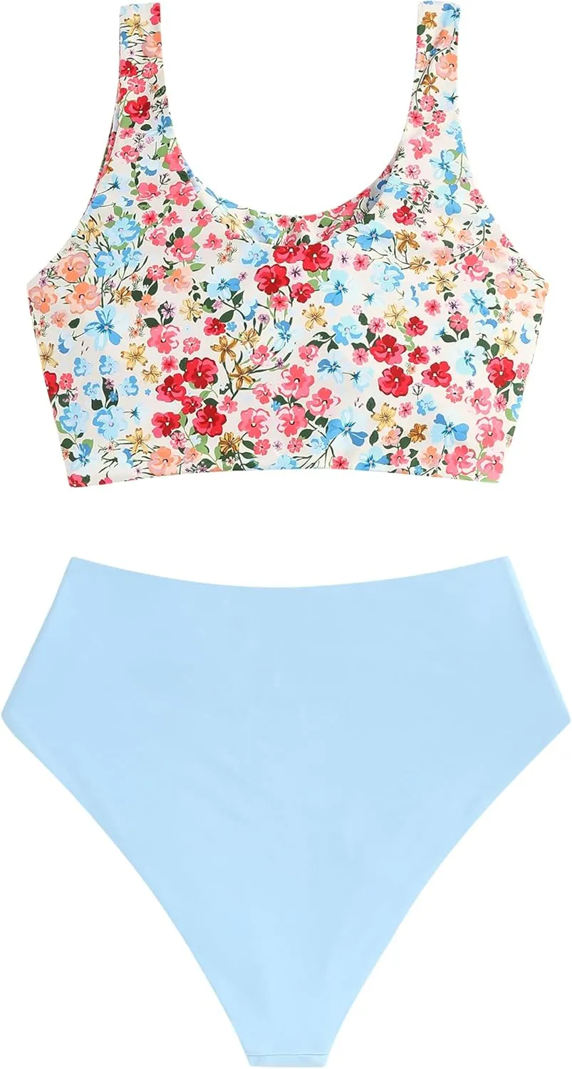 ZAFUL Women's High Waisted Tankini Scoop Neck Knotted Two Pieces Tankini Set Swimsuit