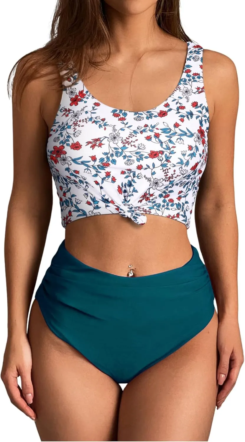 ZAFUL Women's High Waisted Tankini Scoop Neck Knotted Two Pieces Tankini Set Swimsuit